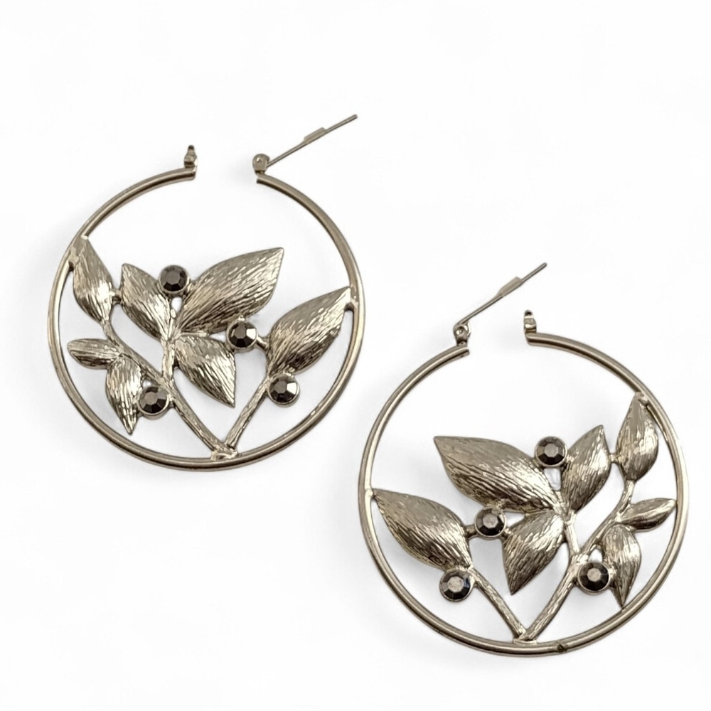 Silver-Tone Leaf And Branches 2" inch (Sturdy) Hoop Earrings